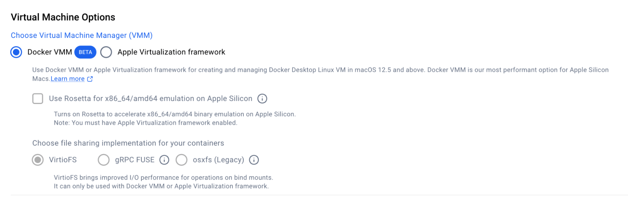 Official Docker Desktop settings screen with Docker VMM selected as the virtual machine manager