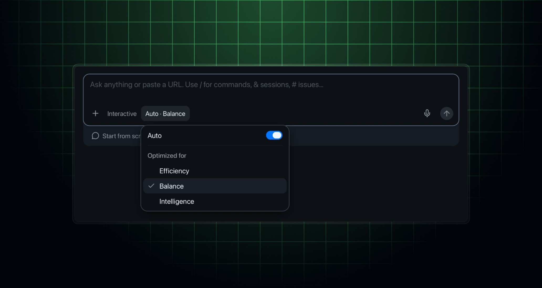 GitHub Copilot AutoでEfficiency、Balance、Intelligenceを選ぶ画面