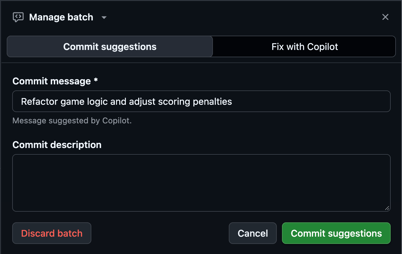 GitHub Copilot generated commit message for accepted batch code suggestions