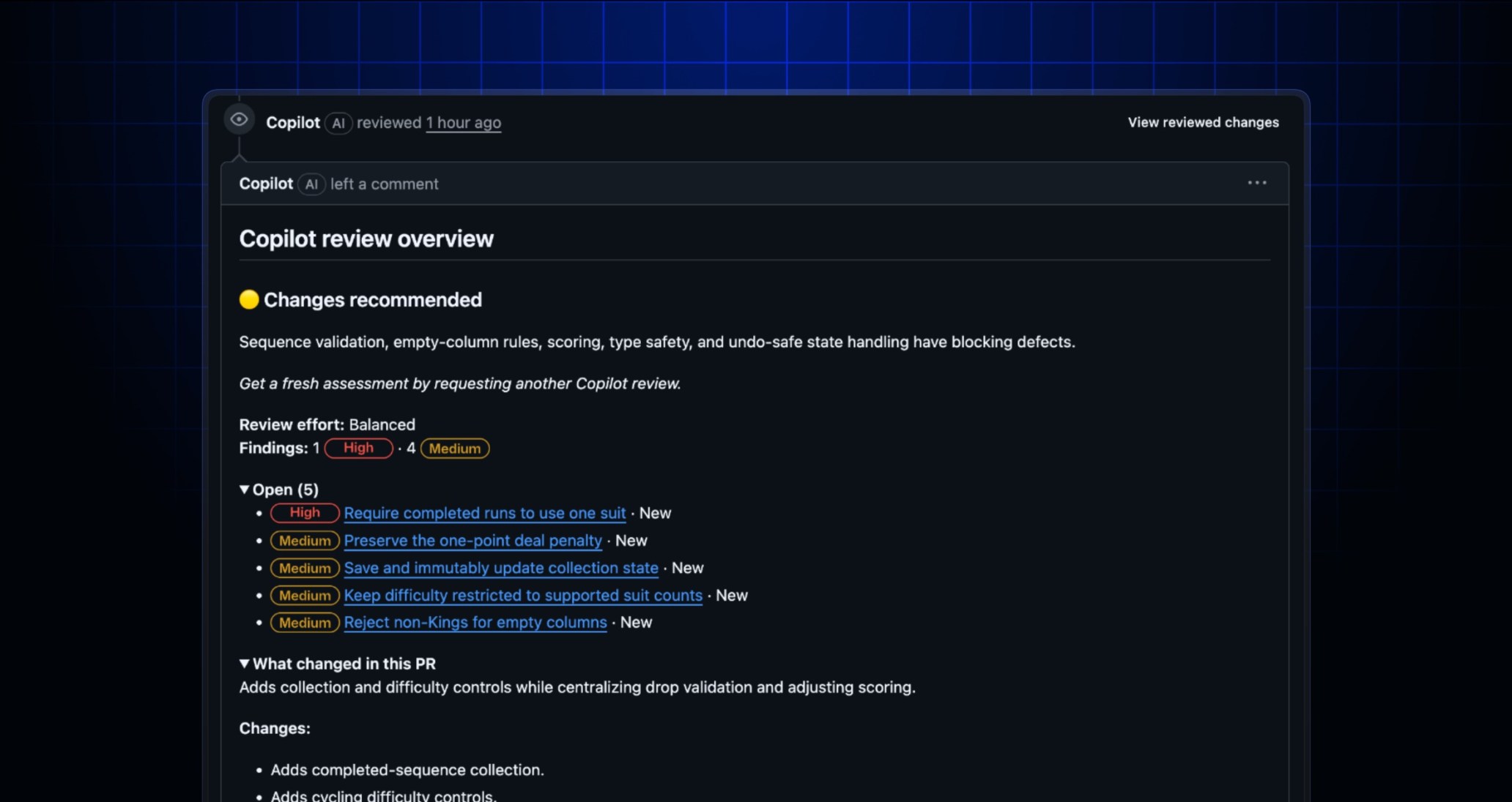 GitHub Copilot code review overview grouping open and resolved findings