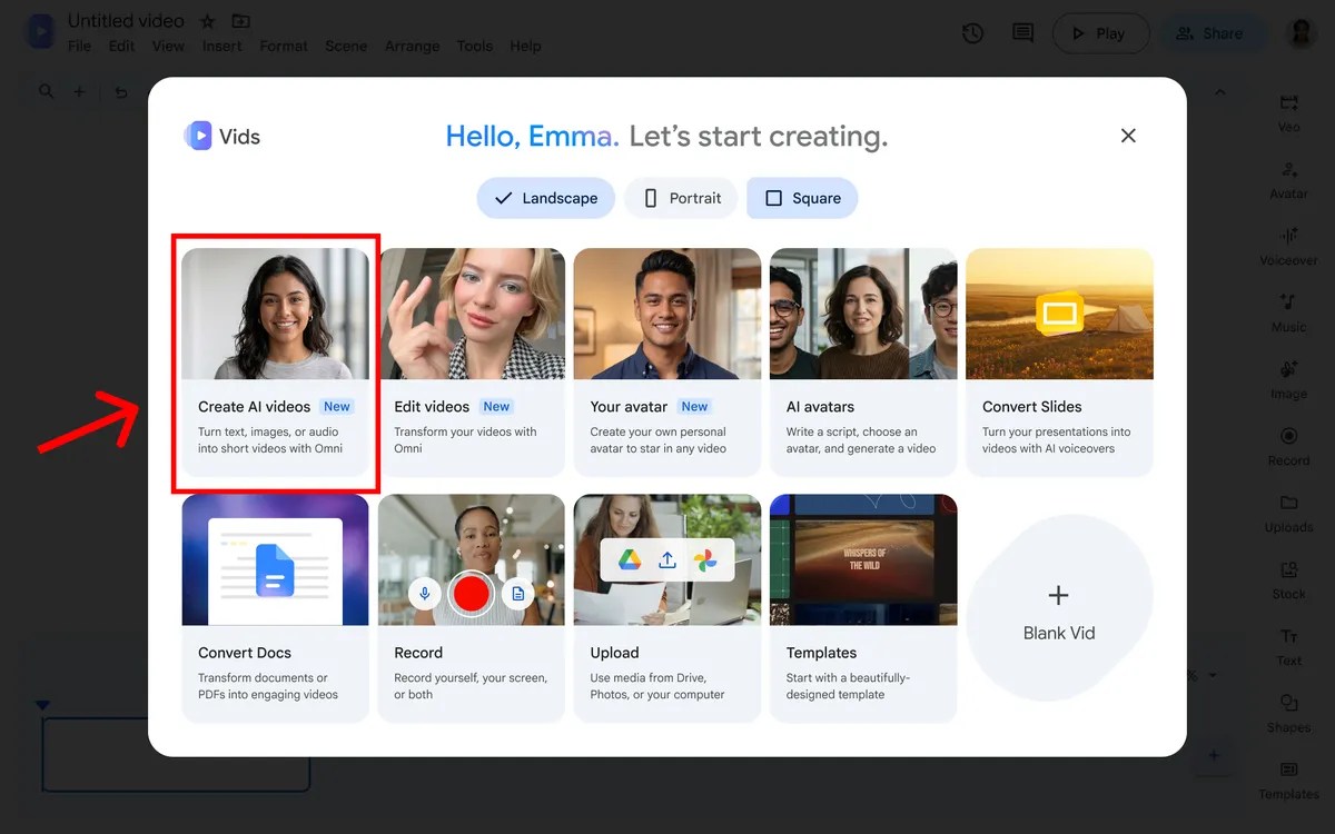 The official Create AI videos entry in Google Vids
