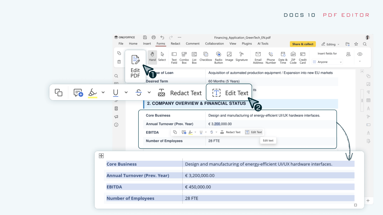 Edit PDFとEdit Textを強調し、PDF内の表とその拡大表示を示した画面