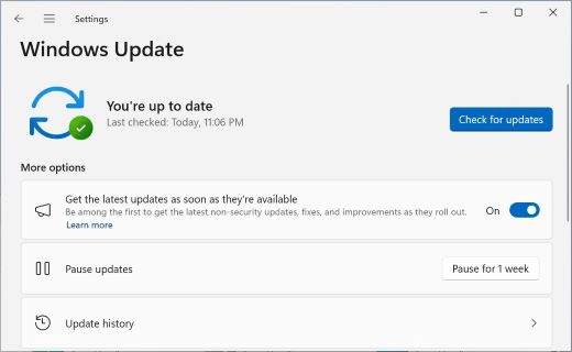 最新の更新を受け取る設定と、下部の「更新の履歴」が表示されたMicrosoftのWindows Update画面例