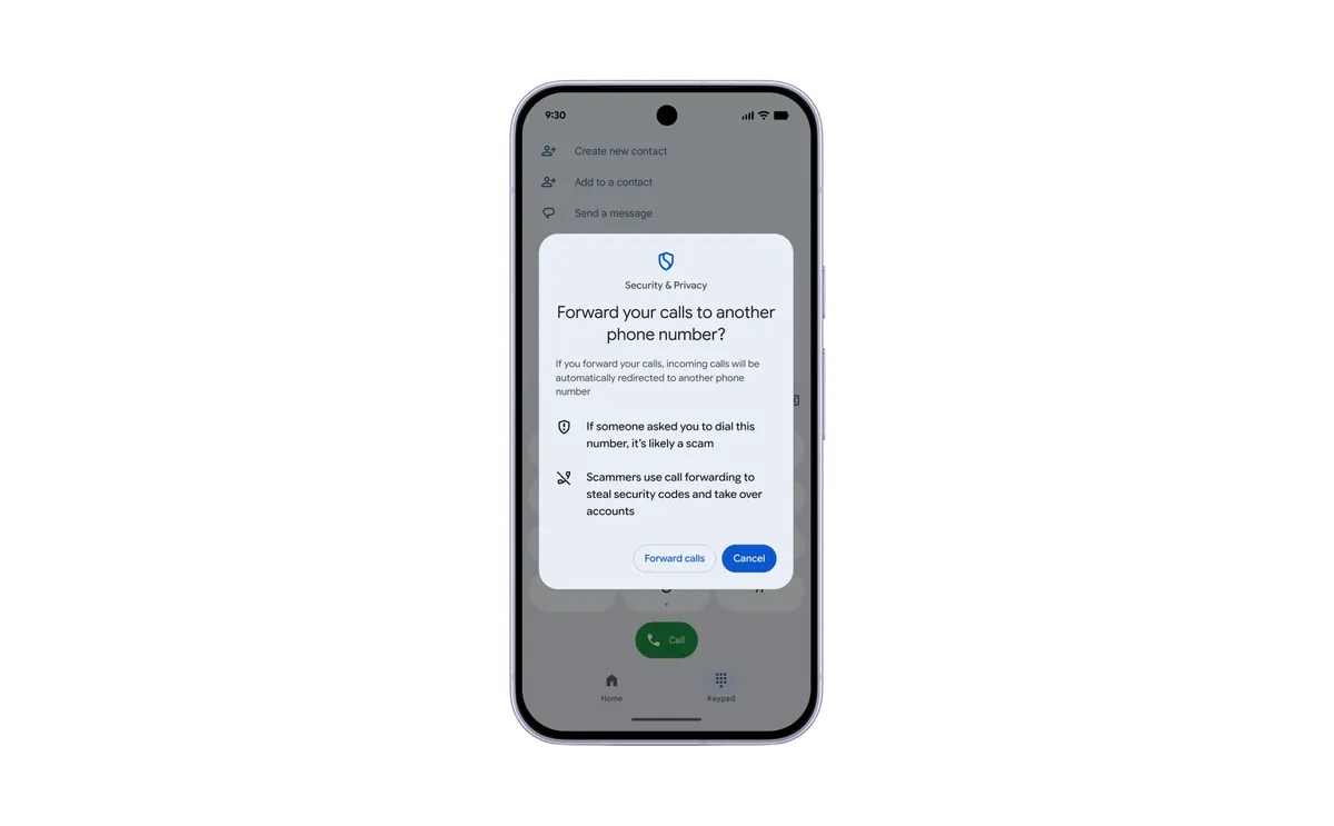 電話アプリの上に着信転送を確認する警告ダイアログが開き、「Forward calls」と「Cancel」のボタンが並んでいる