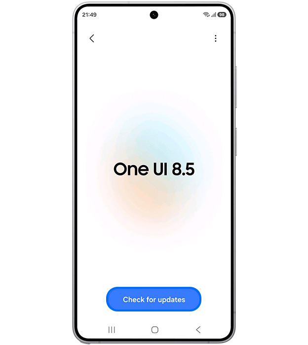中央に「One UI 8.5」、下部に青い「Check for updates」ボタンを表示したSamsung公式の模擬画面