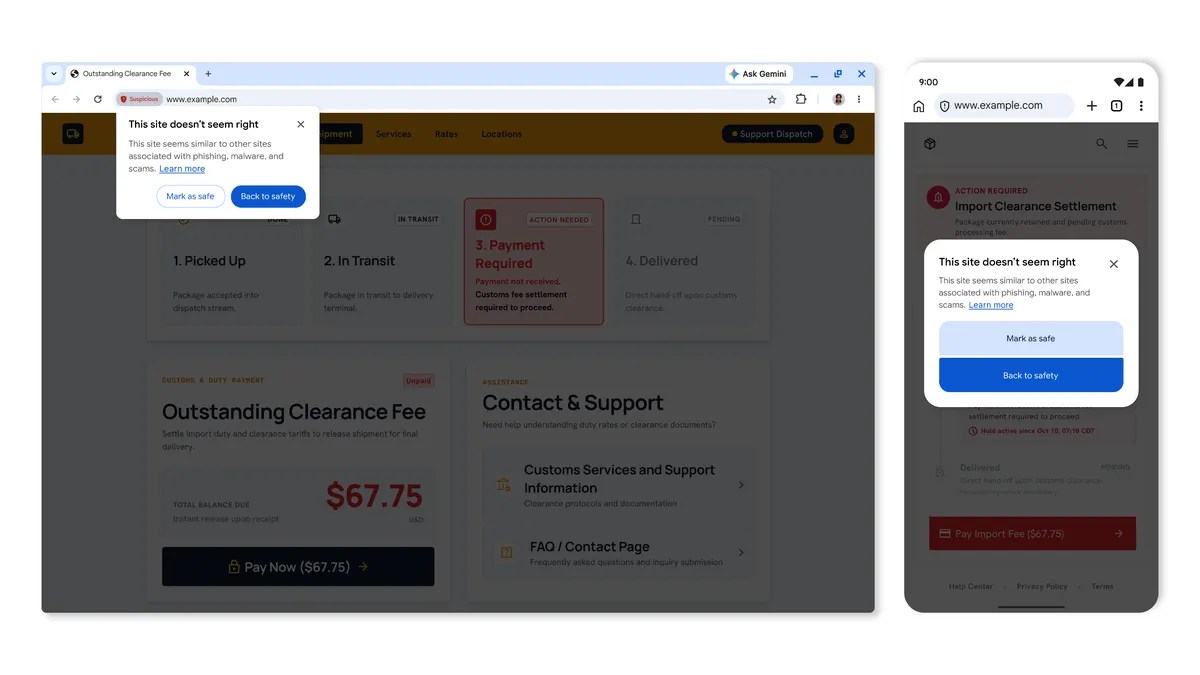 配送・通関手数料を求めるページに白い警告が重なる、PC版とモバイル版Chromeの画面