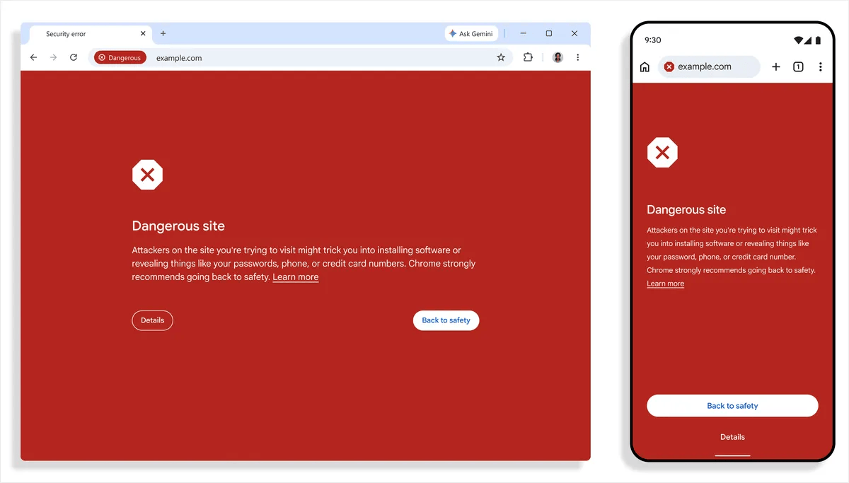 白い×印と「Dangerous site」の文字を赤い背景に表示した、PC版とモバイル版Chromeの画面