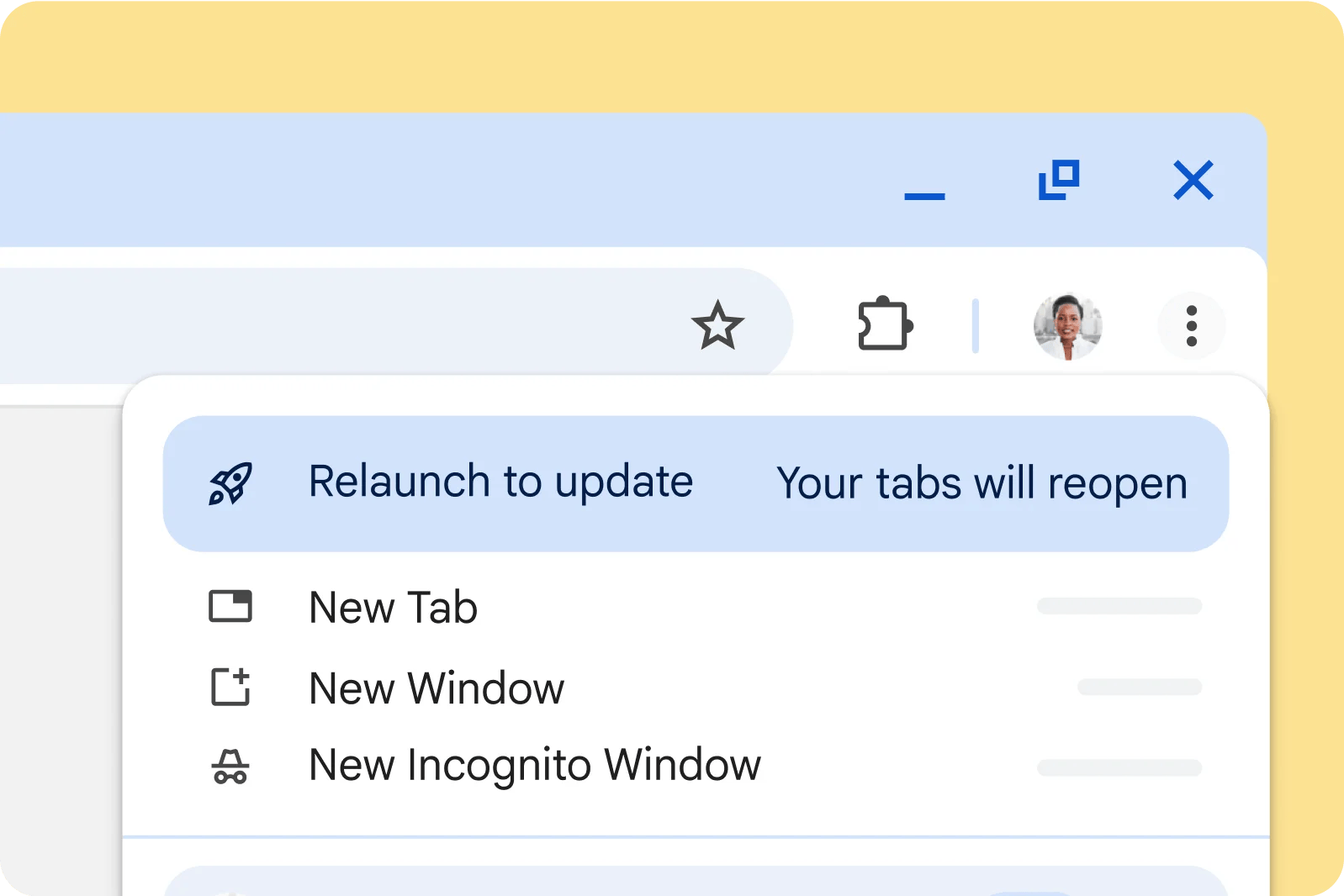 メニュー上部に更新のための再起動とタブの復元を案内するChromeの公式UI例