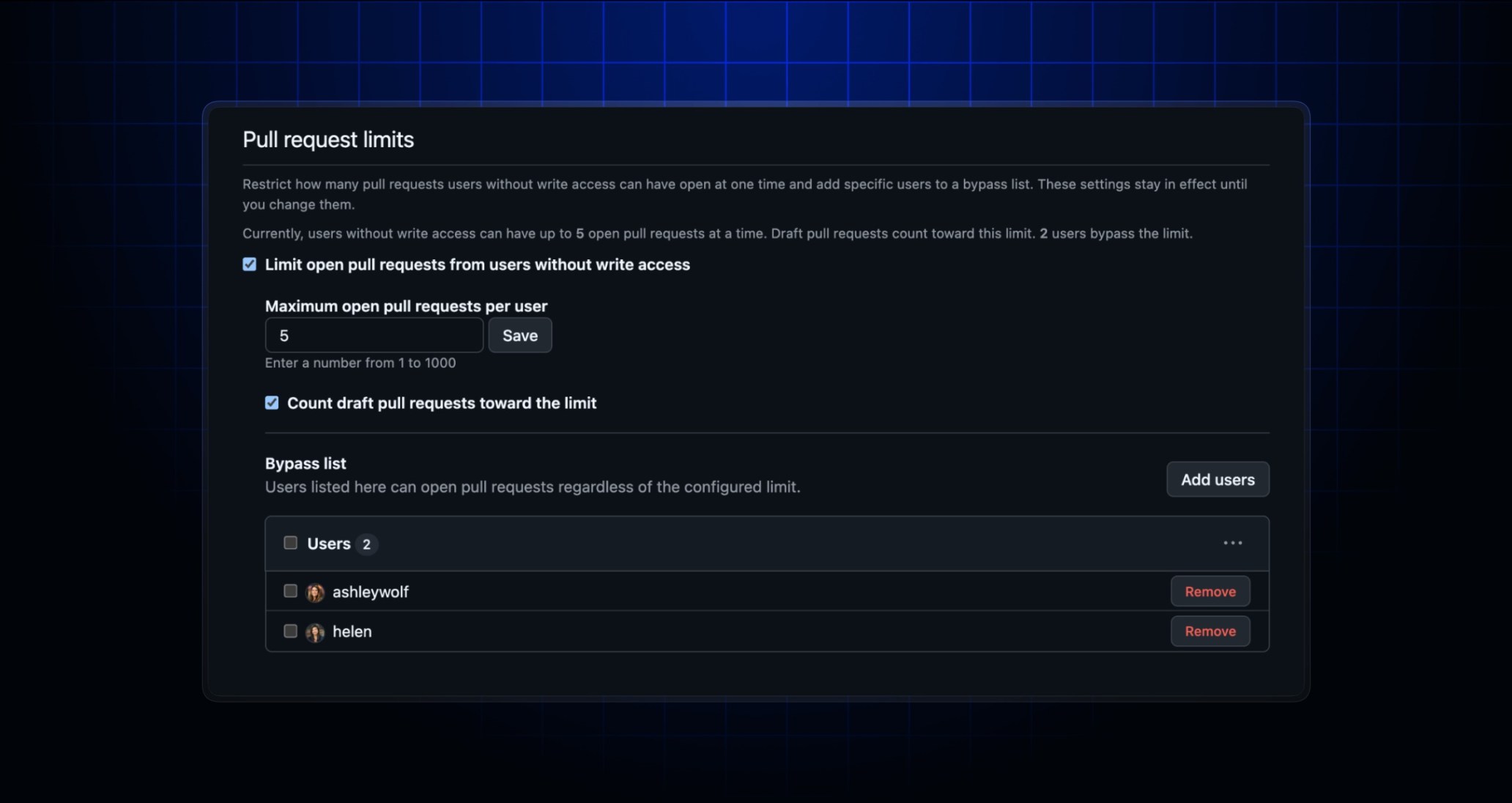 GitHub pull request limit settings with the draft-count checkbox selected and a bypass list.