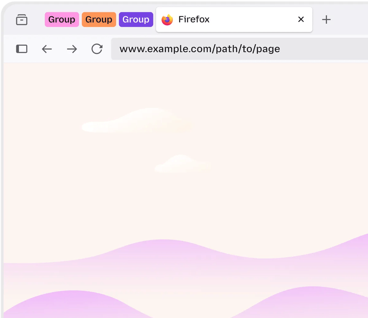 色分けされたタブグループとアドレスバー、雲とピンクや紫の丘が描かれたFirefoxのデスクトップ画面