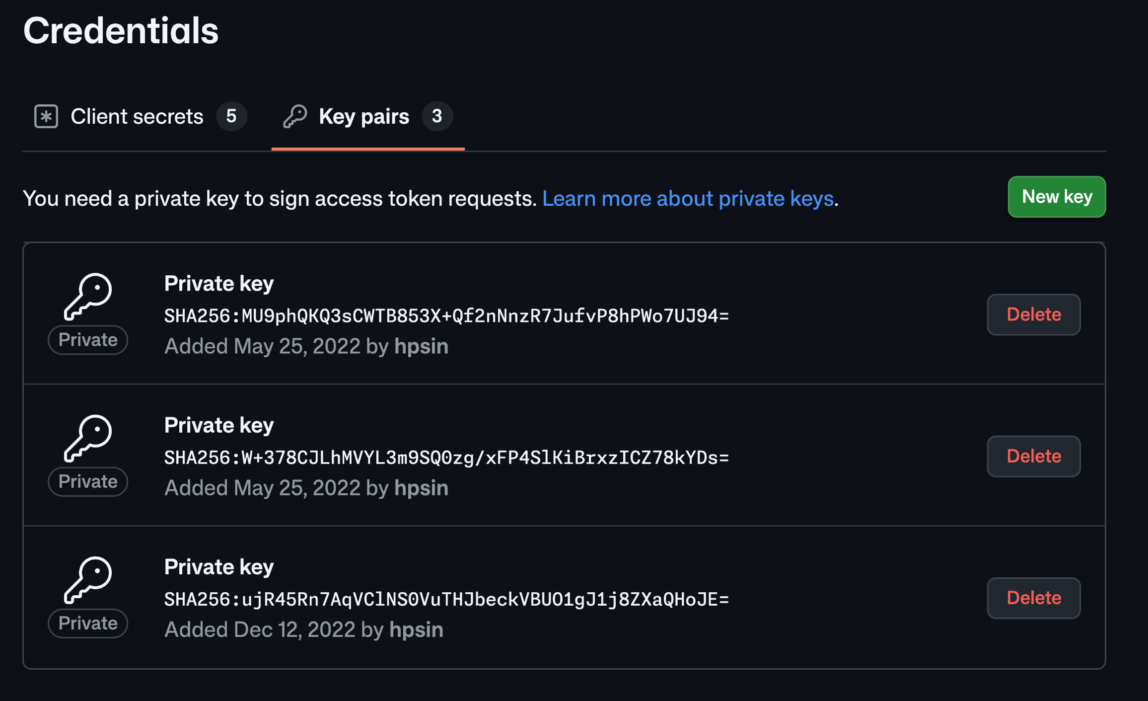 GitHub App Credentials screen showing Client secrets and Key pairs tabs, with Key pairs selected and three private-key entries with delete controls.