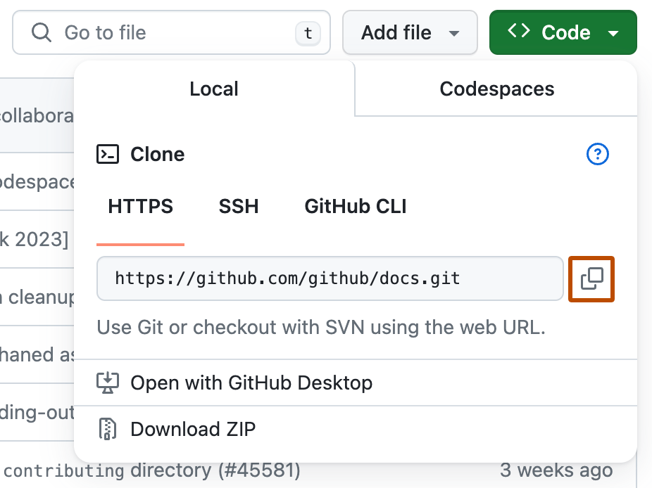 GitHub’s Code dropdown with HTTPS selected, the github/docs repository clone URL and its copy button, alongside SSH and GitHub CLI tabs.