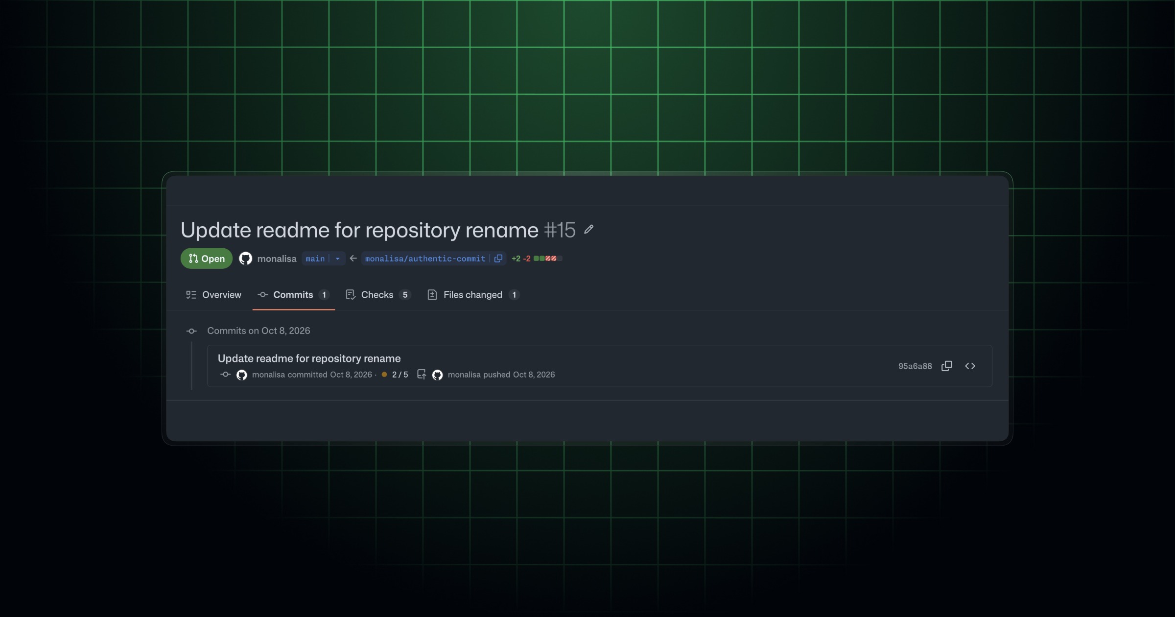 GitHubのプルリクエストのCommitsタブで、1件のコミットのコミッターとプッシュしたユーザーが別々に表示された画面。