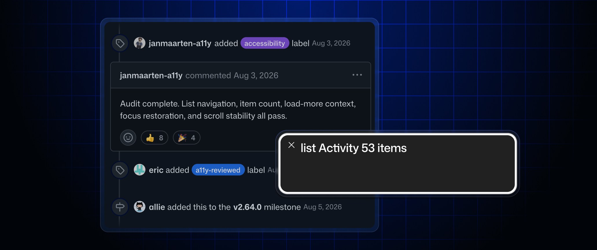 Dark GitHub issue Activity timeline showing label changes, a comment and a milestone, with VoiceOver announcing “list Activity 53 items.”