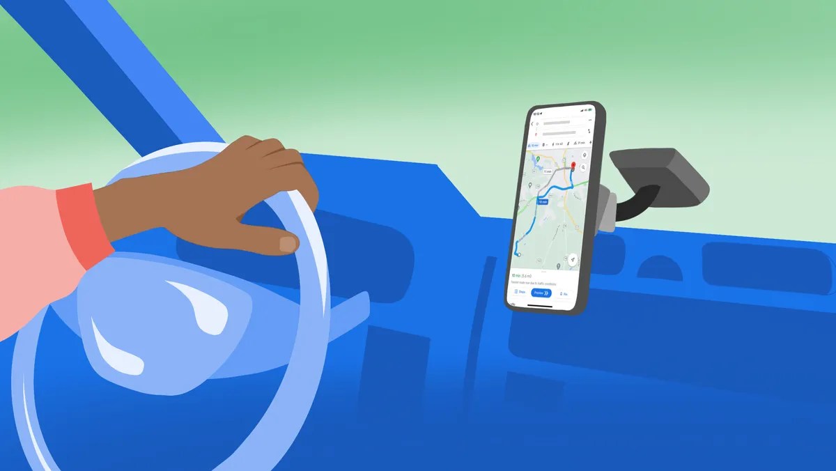 ハンドルに手を添えたドライバーと、車内に取り付けたナビ画面のスマートフォンを描いたイラスト。