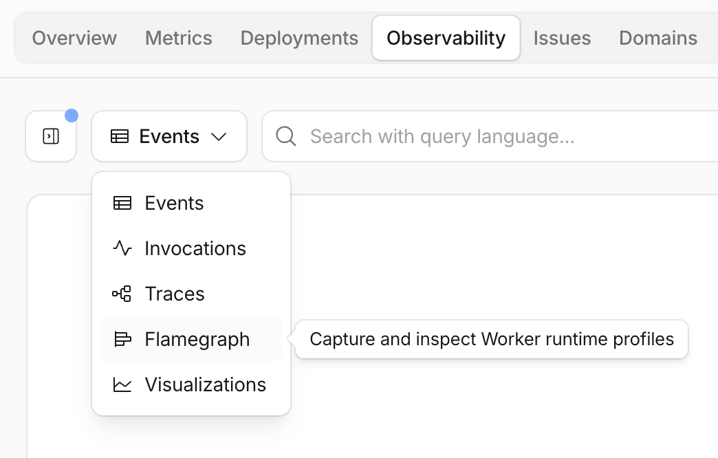 Workers ObservabilityでFlamegraphを選択するメニュー画面