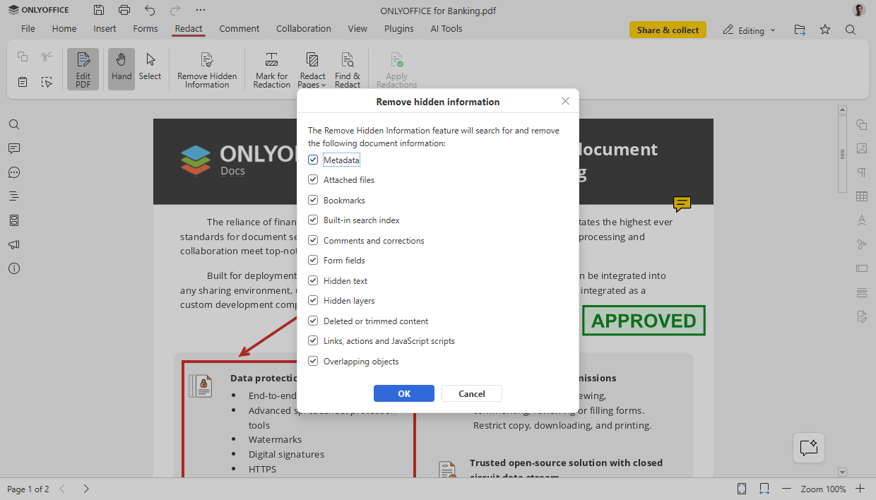 PDFのRedactタブから開いたRemove hidden informationダイアログで、Metadataなどの項目にチェックが入った画面