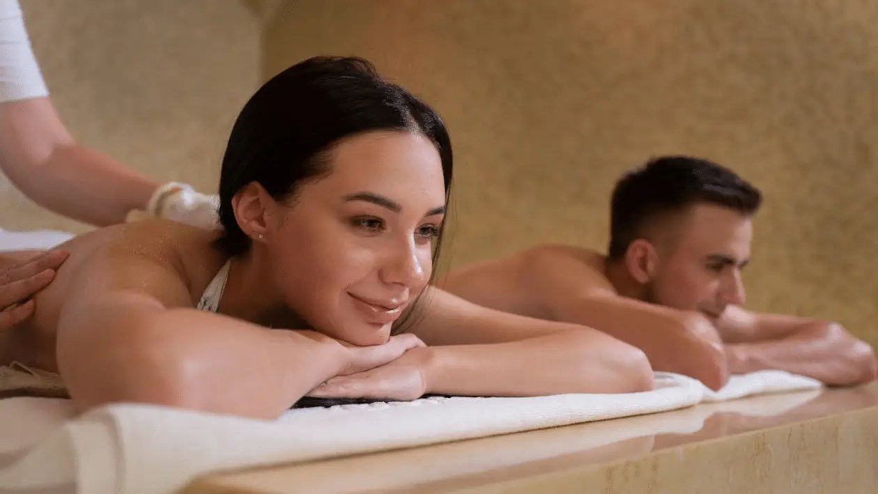 A happy couple in a massage spa