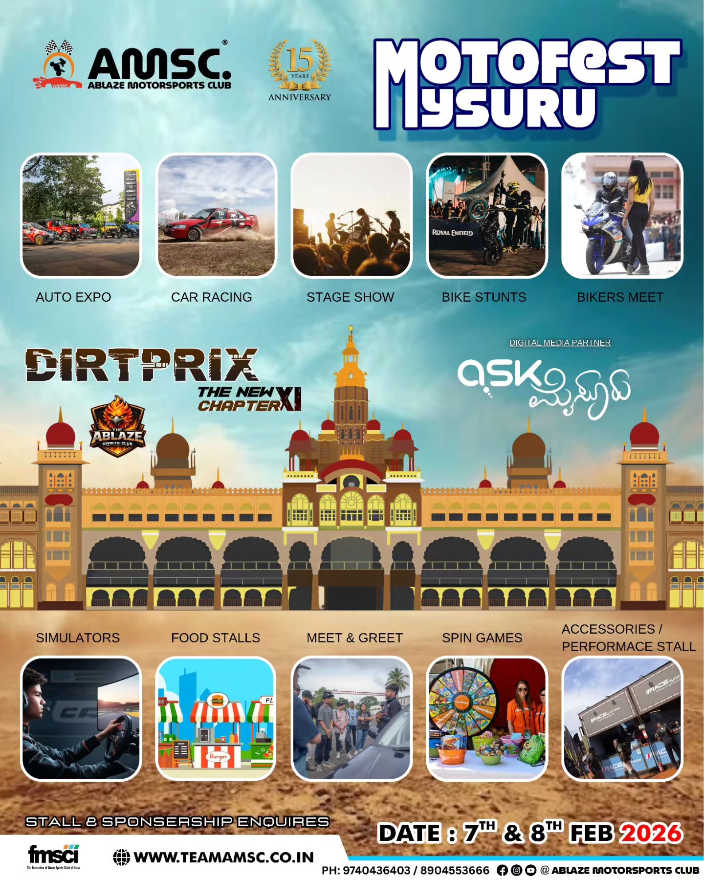 Motofest Mysuru, Saad Khan stand up, Gokulam Run Club, things to do in Mysuru tonight, AMSC 15th anniversary, car racing events 2026, Frosting Mysuru comedy, 5k run Mysuru February, automotive expo Karnataka.