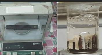The images shows the plastic specimen is being weighed and immersed in water for evaluating water absorption by ASTM D570.