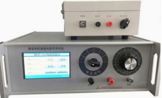 The image shows a megohmmeter that measures DC insulation resistance, volume resistivity, and surface resistivity of electrical insulating materials, as described in the ASTM D257 test standard.