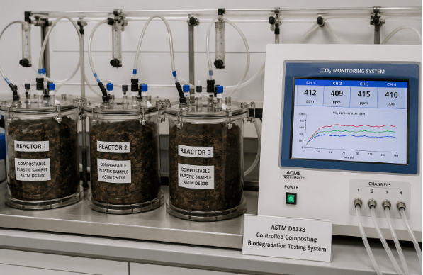 The image shows laboratory composting reactors with carbon dioxide monitoring equipment to test aerobic biodegradation of compostable plastic materials according to ASTM D5338