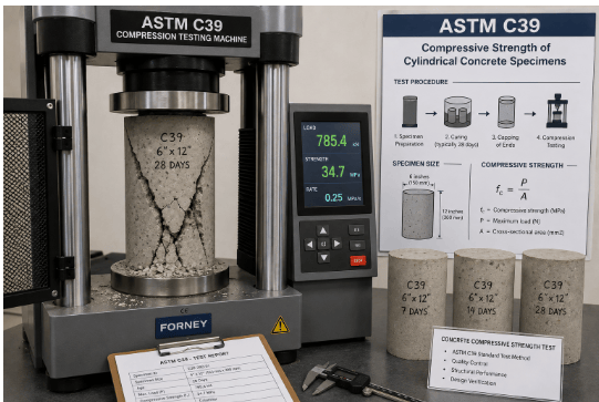 The image shows a Universal Compression Testing Machine for compressive strength testing according to ASTM C39