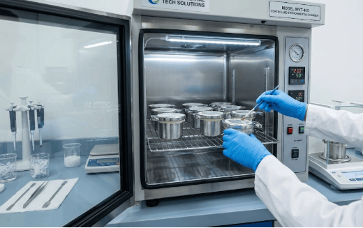 The image shows a laboratory setup with sealed water vapor transmission test cups inside a controlled environmental chamber for WVTR measurement according to  ASTM E96