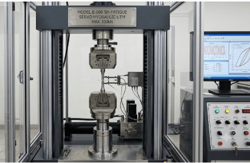 The image shows a laboratory fatigue testing system performing strain-controlled cyclic loading on a metallic specimen according to ASTM E606 