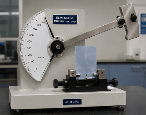 The image shows a propagation tear resistance test on a plastic film specimen using an Elmendorf pendulum tear tester according to ASTM 1922