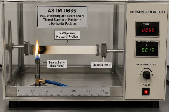 The image shows a horizontally mounted plastic specimen exposed to a controlled Bunsen burner flame during flammability testing according to ASTM D635.