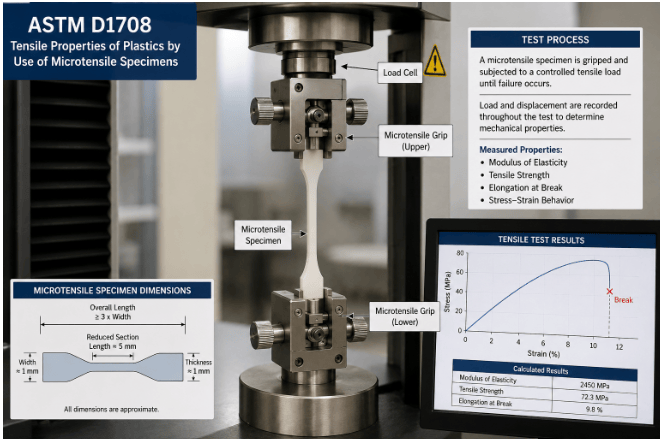  The image shows a Universal testing machine performing a tensile test on a microtensile plastic specimen using specialized precision grips according to ASTM D1708.