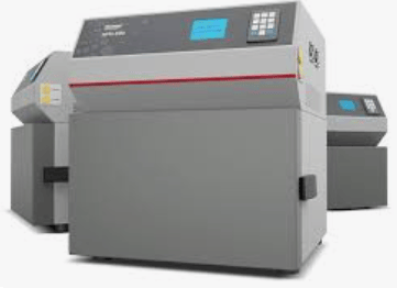 The image shows a heat flow meter (HFM) apparatus to measure the steady-state thermal transmission properties of materials, such as insulation, as described in ASTM C518.