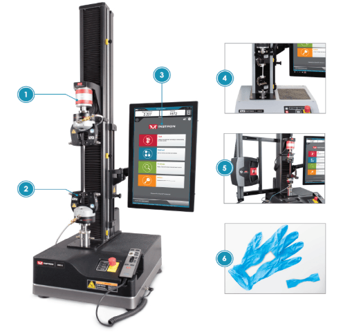 The image shows nitrile examination gloves, tensile testing equipment, leak testing apparatus, and laboratory instruments undergoing ASTM D6319 quality testing.