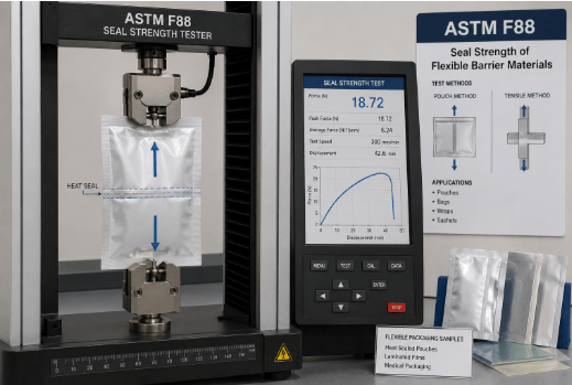 The image shows a Universal testing machine for evaluating package seal integrity according to ASTM F88