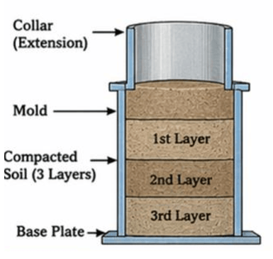  The image shows the proctor compaction mold that holds the soil specimen during compaction during ASTM D1557 testing.