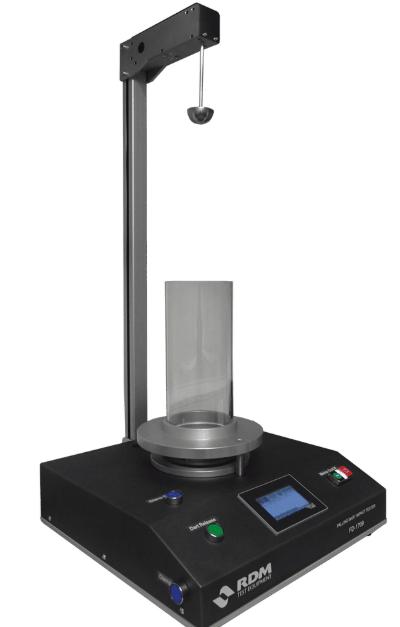 The image shows a free-falling dart impact tester that measures the impact resistance of plastic films, laminates, and packaging materials as described in ASTM D1709.