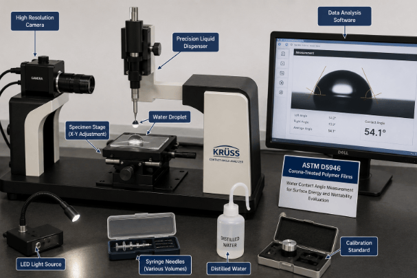  The image shows a laboratory contact angle analyzer for measuring the water contact angle on a corona-treated polymer film to evaluate surface wettability according to ASTM D5946