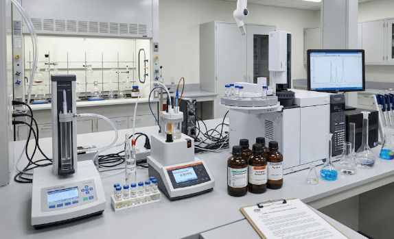 The image shows laboratory instruments for performing chemical analysis of glycol samples according to ASTM E202