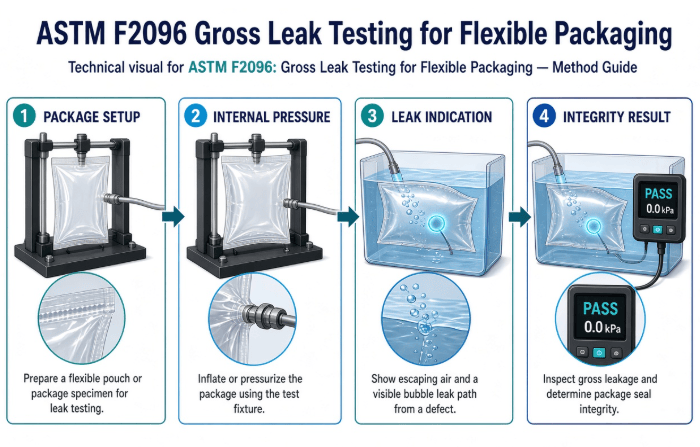 This image shows a packaging specimen undergoing underwater bubble testing to detect gross leaks according to ASTM F2096.