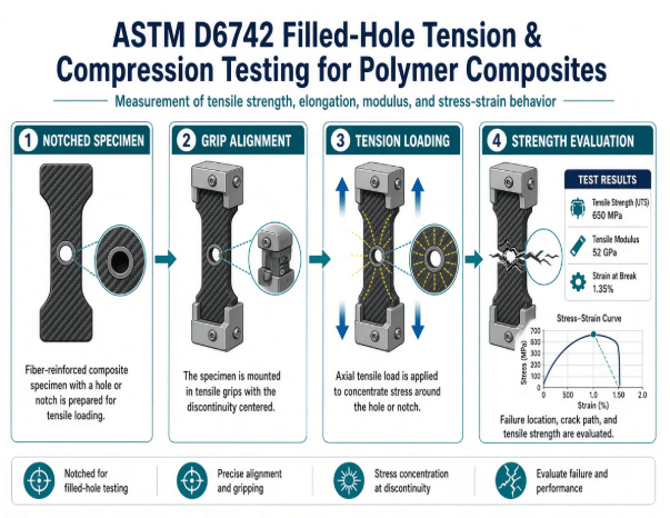 This image depicts a polymer matrix composite specimen with a filled hole mounted in a mechanical testing fixture for ASTM D6742 testing.