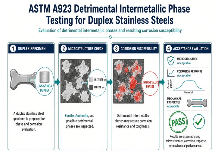This image shows a prepared duplex stainless steel specimen undergoing ASTM A923 evaluation for detrimental intermetallic phases.