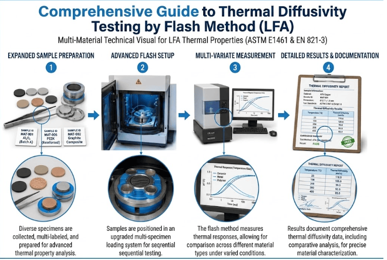 This image shows a solid material specimen positioned in a flash thermal diffusivity analyzer for ASTM E1461 testing.