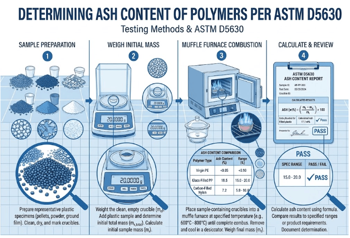This image shows a plastic specimen being heated and weighed to determine ash content according to ASTM D5630.