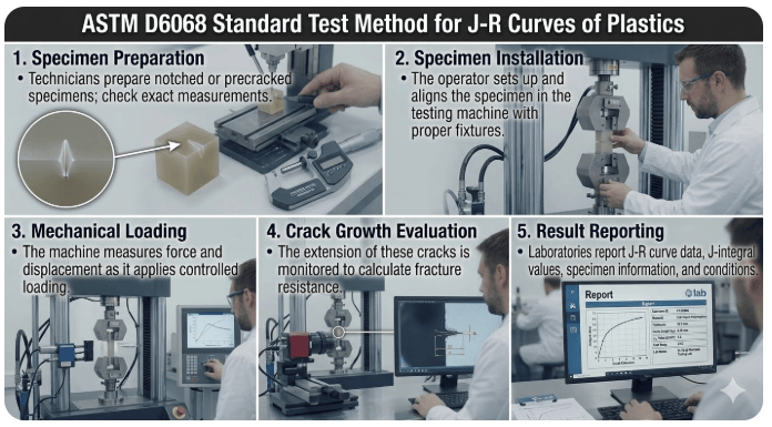 This image shows a notched plastic specimen mounted in a mechanical testing machine for J-R curve determination according to ASTM D6068.
