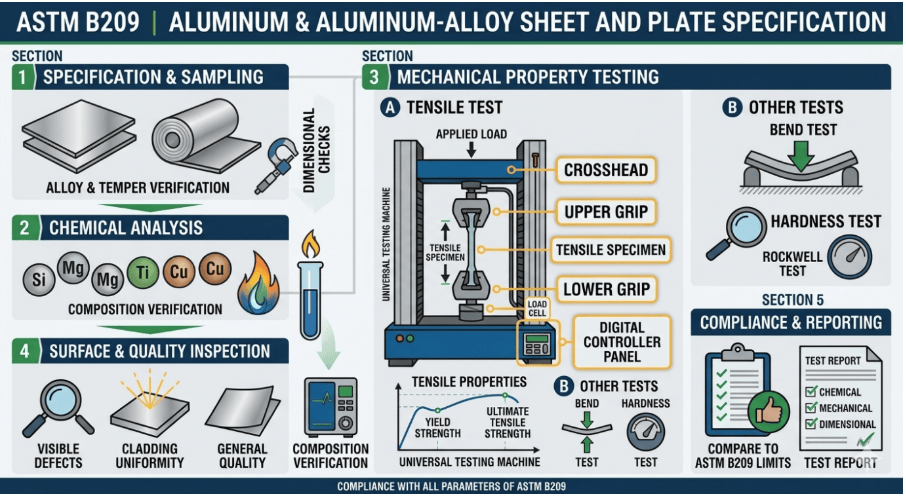 This image depicts a universal testing machine used to evaluate the hardness test as per ASTM B209.