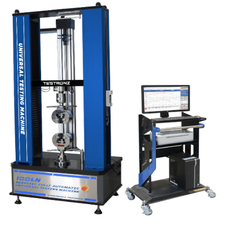The image shows a universal testing machine that measures the tensile strength of a piece of steel in an ASTM A370 test.