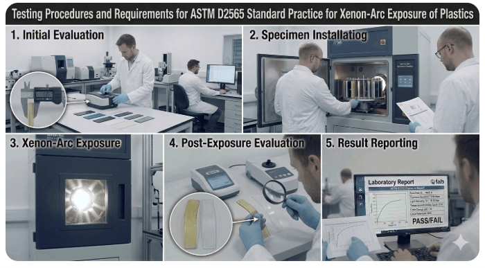 The image depicts plastic samples being placed in a xenon-arc weathering chamber for outdoor weathering as per ASTM D2565.