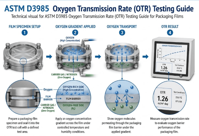 This image shows a plastic film specimen sealed inside an oxygen transmission test cell for measuring oxygen transmission rate according to ASTM D3985.