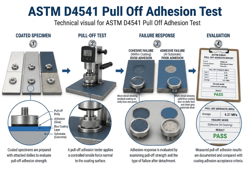  This image shows a portable adhesion tester applying tensile force to a dolly attached to a coated surface according to ASTM D4541.